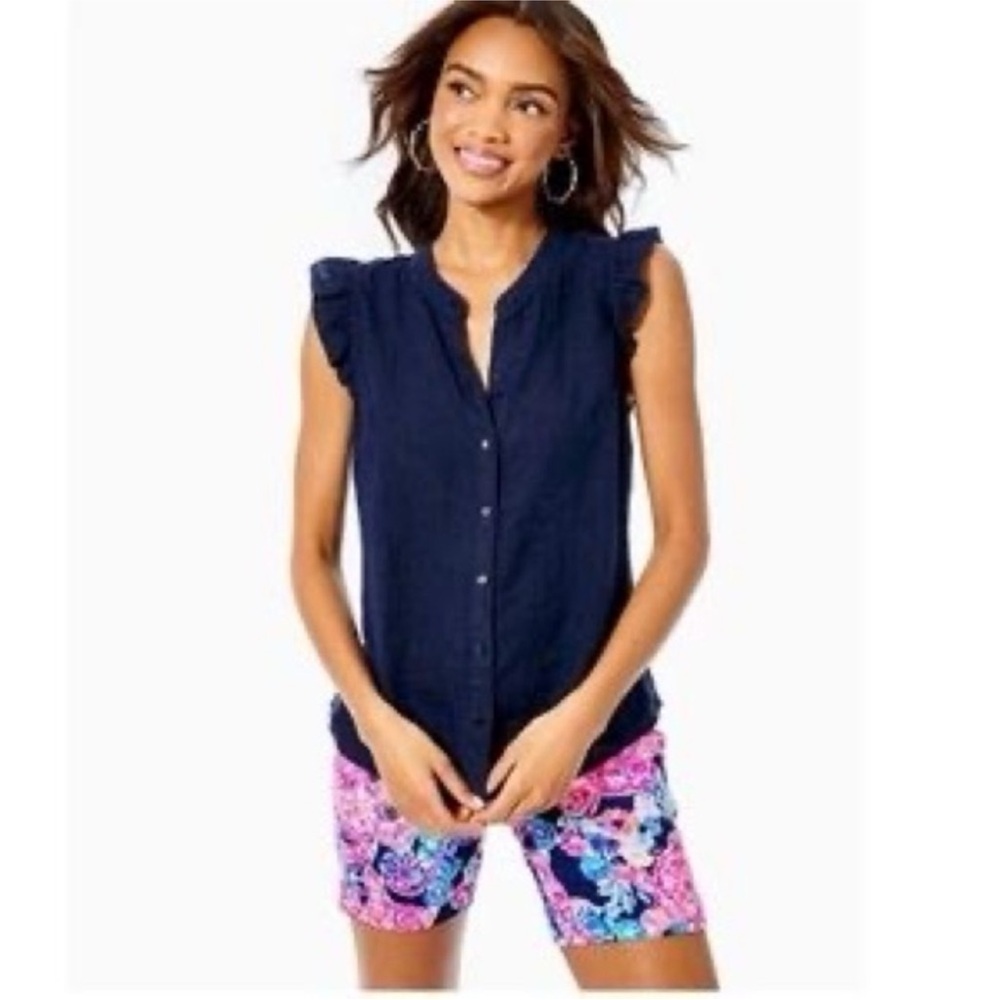 Lilly Pulitzer navy linen sleeveless button down